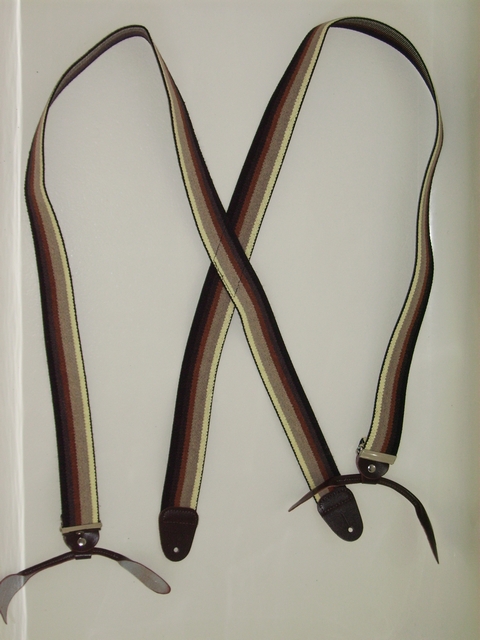 BUTTON-ON STRIPES: YELLOW, KHAKI, RUSTY BROWN, AND DARK BROWN. 1 1/2"X 48" Suspenders.                       PB120N48BROM